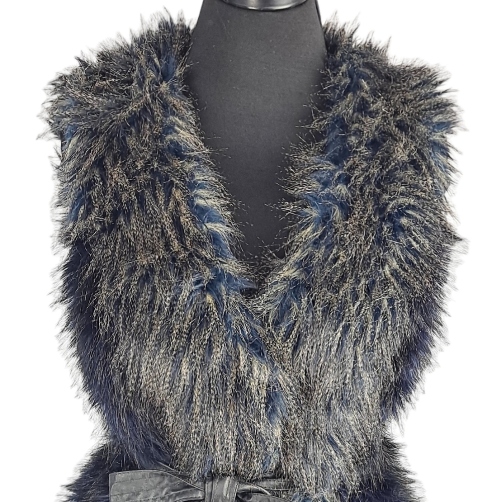 H&M Women's Faux Fur Vest, gilet Bo Ho chic size Med. great condition Navy/Gold